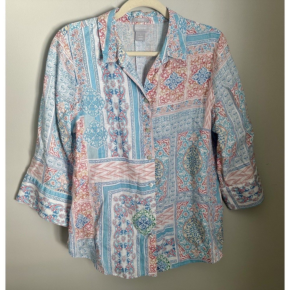 Chicos No Iron Linen Shirt Womens Size M‎ Turquoise Blue Patchwork Print